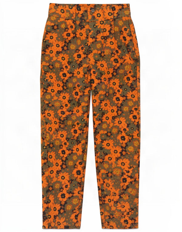 Lucy & Yak Womens Tapered Casual Trousers W26 L29 Orange Floral Cotton