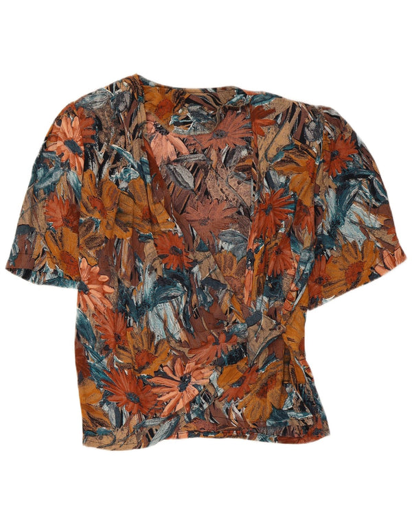 Vintage mujer camisa de manga corta blusa Reino Unido 12 marrón medio floral