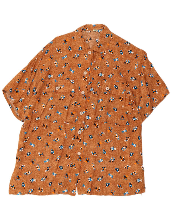 Vintage mujer oversize patrón abstracto camisa blusa Reino Unido 10 pequeño marrón