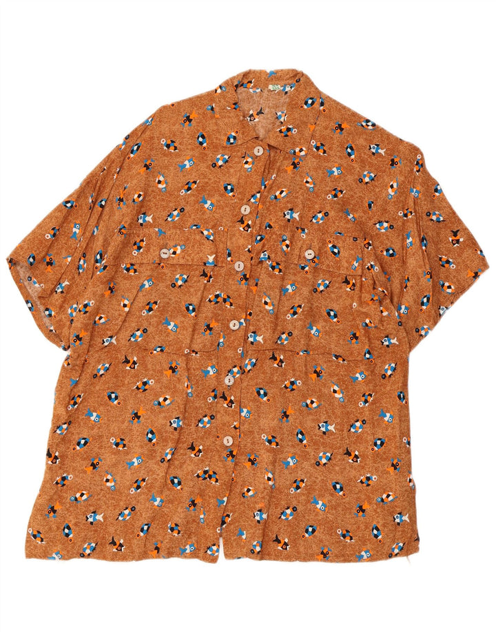 Vintage mujer oversize patrón abstracto camisa blusa Reino Unido 10 pequeño marrón