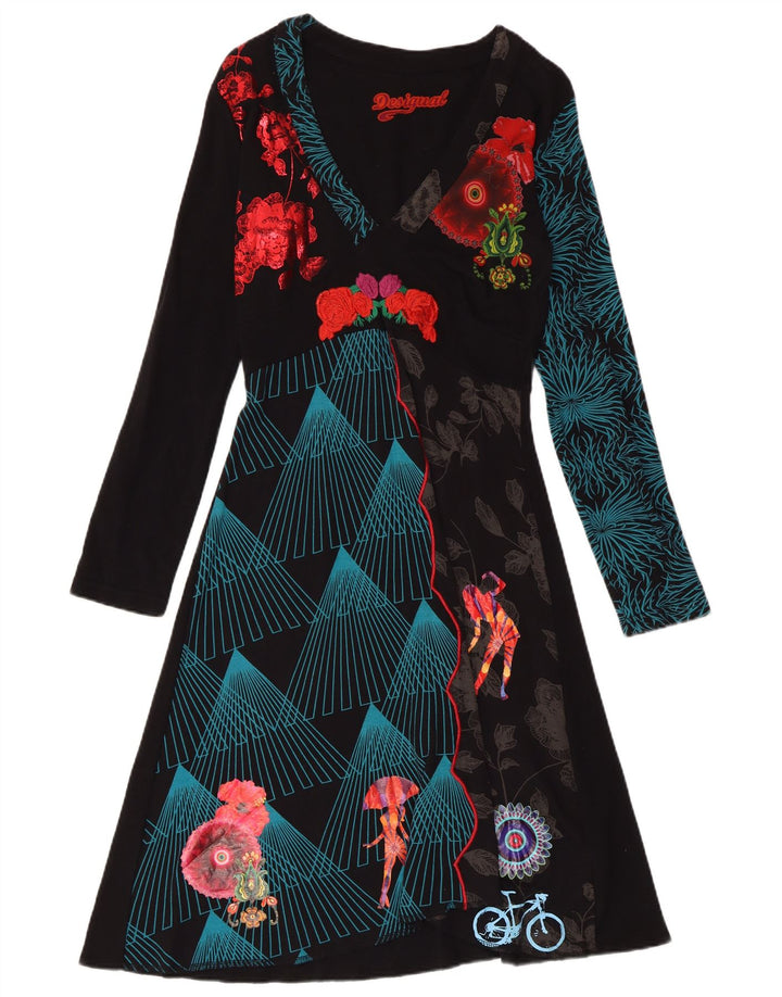 DESIGUAL Vestido acampanado de manga larga con estampado gráfico para mujer UK 40 XL Negro Floral
