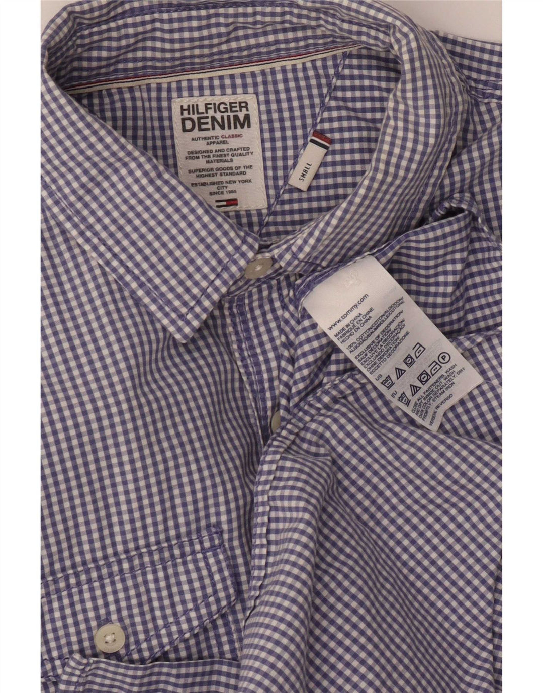 Tommy Hilfiger Camisa militar para hombre de algodón a cuadros azul pequeño