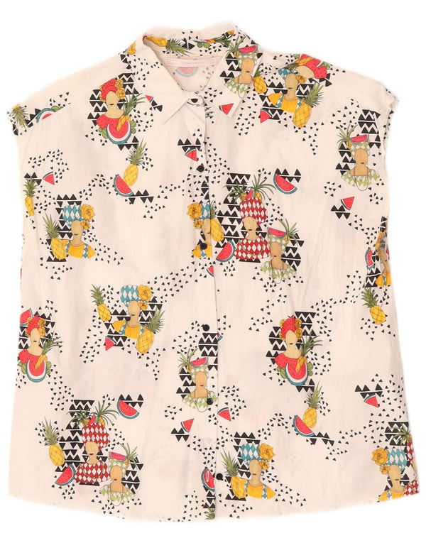 Zara Mujer Trafaluc Blusa Sin Mangas UK 10 Small White Geométrico