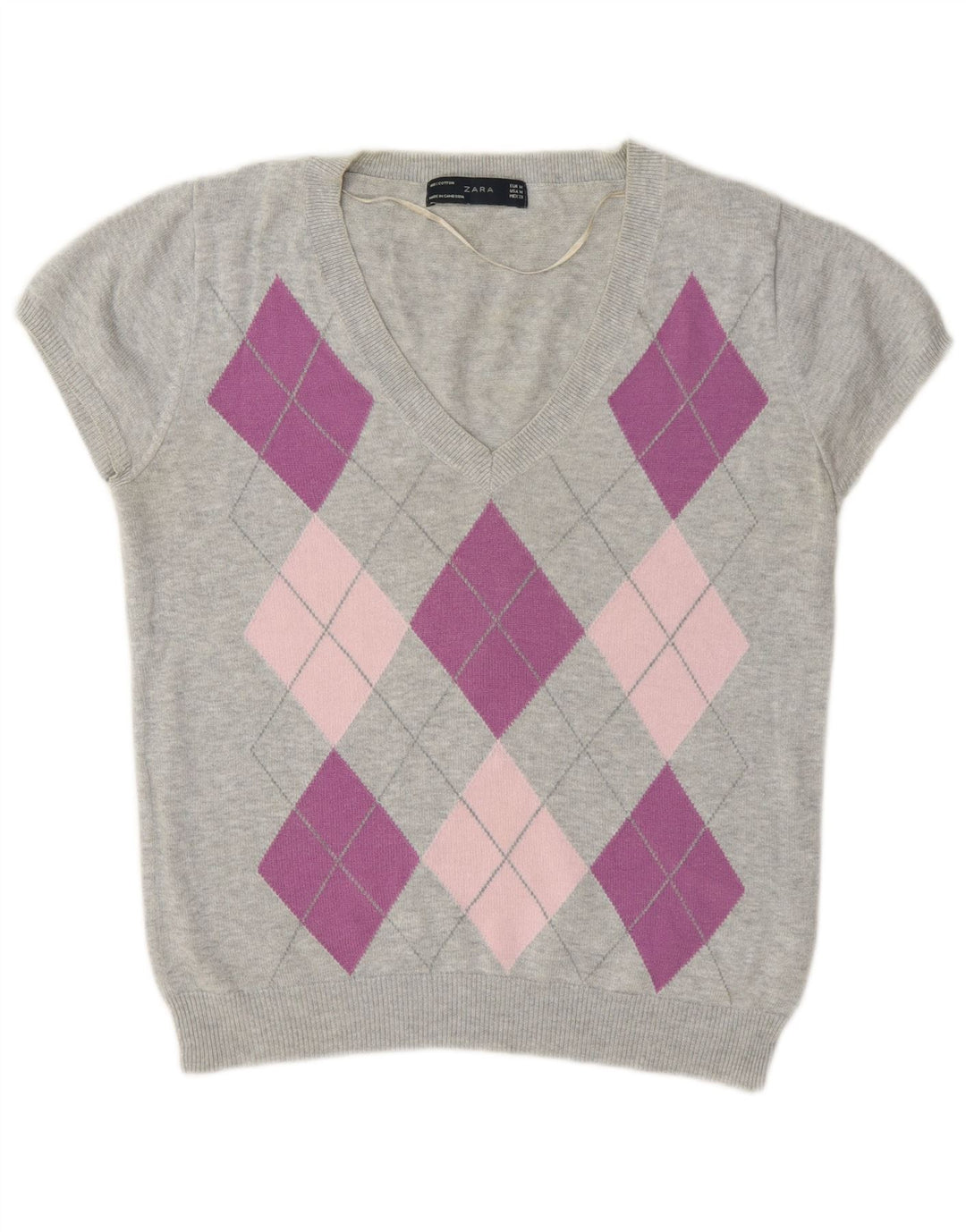 Zara Jersey con cuello en V para mujer UK 40 Gris medio Argyle/Diamante