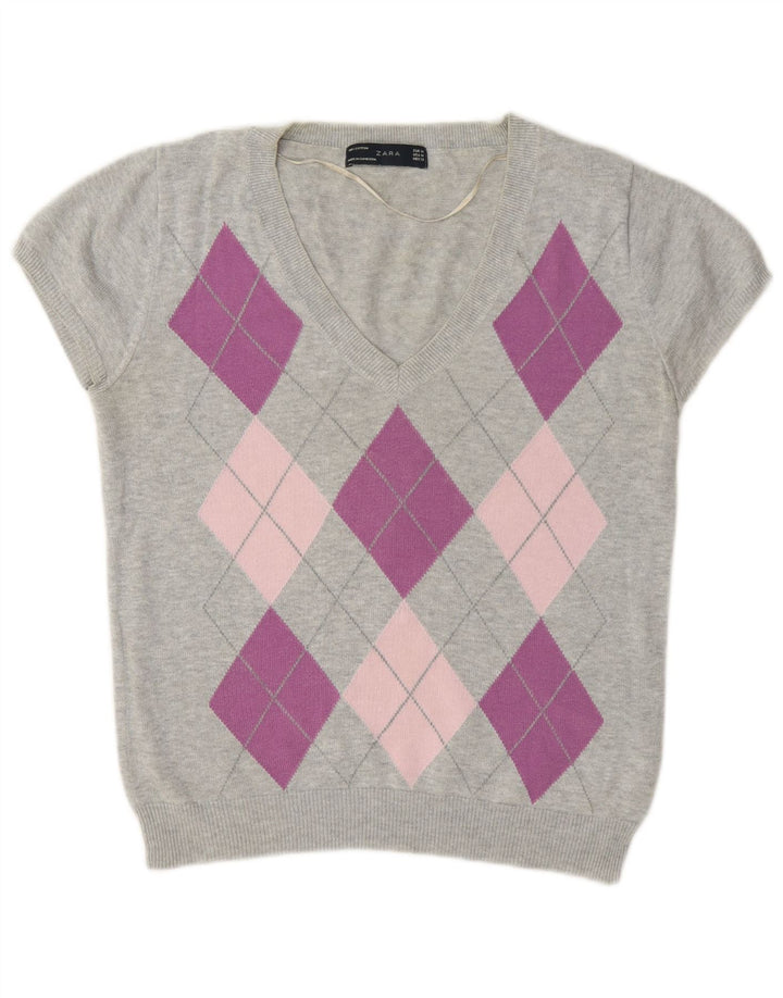 Zara Jersey con cuello en V para mujer UK 40 Gris medio Argyle/Diamante