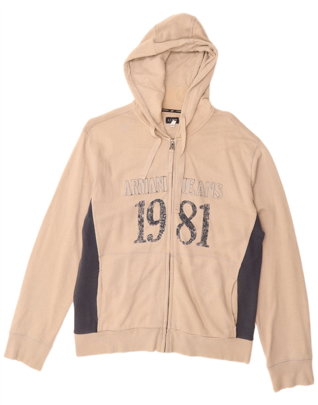 ARMANI JEANS Suéter con capucha y cremallera gráfica para hombre Bloque de color beige medio