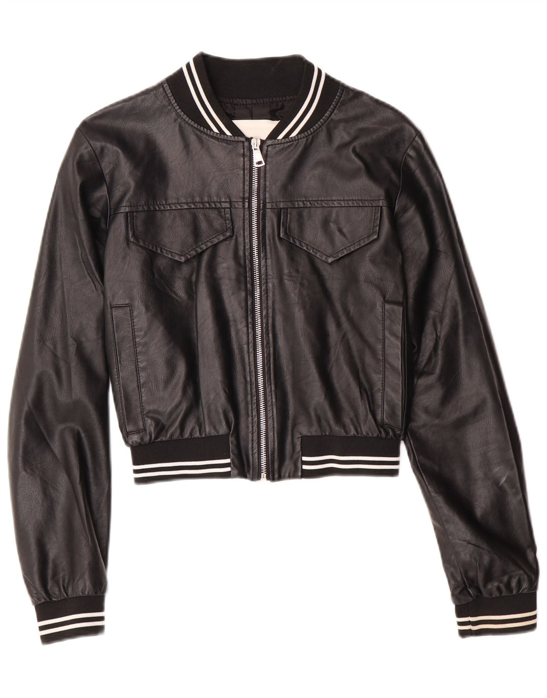 GAELLE Chaqueta de cuero corta gráfica para mujer UK 6 XS Negro