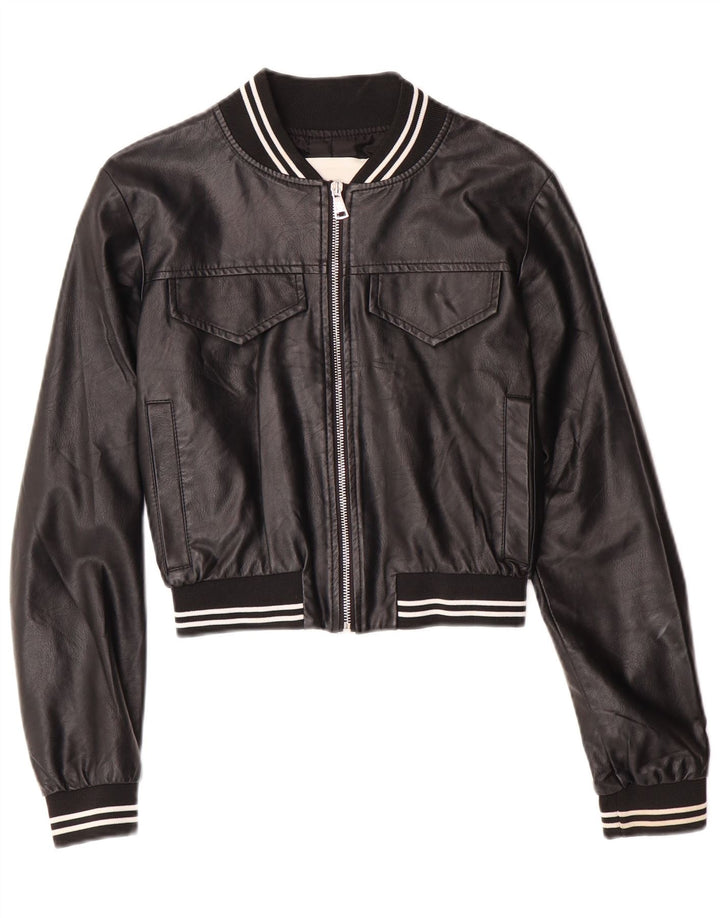 GAELLE Chaqueta de cuero corta gráfica para mujer UK 6 XS Negro