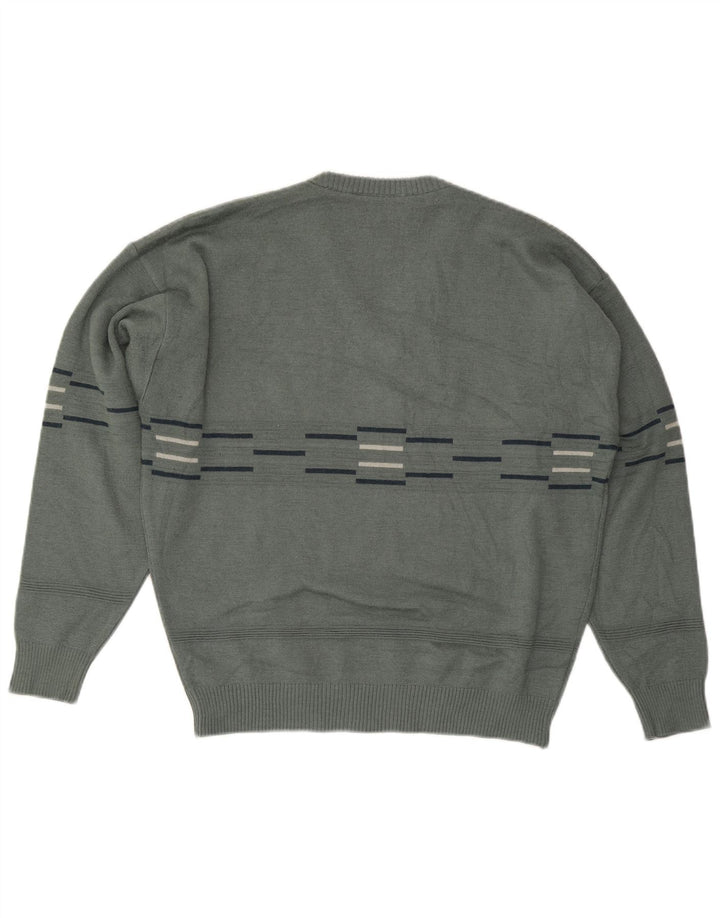 VINTAGE Hombres V-Cuello Jumper Suéter Grande Gris Rayas