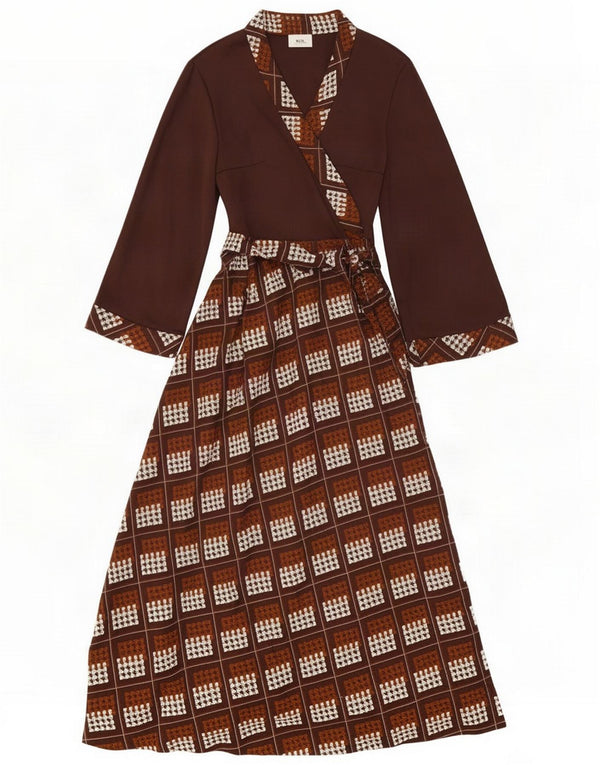 Vestido cruzado vintage de manga 3/4 para mujer UK 44 Poliéster geométrico marrón medio