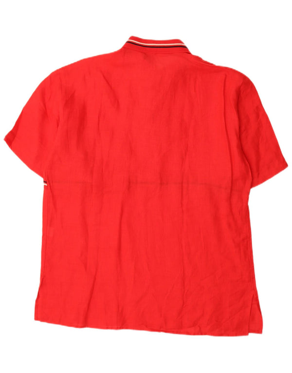 Vintage hombres manga corta pullover camisa XL rojo rayas lino