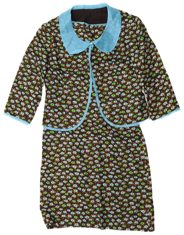 VINTAGE Mujer 3/4 Manga 2 Piezas Set UK 14 Medio Negro Floral