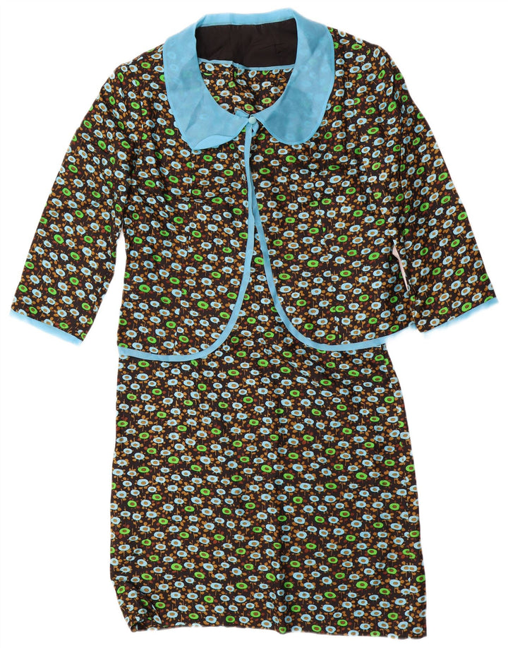 VINTAGE Mujer 3/4 Manga 2 Piezas Set UK 14 Medio Negro Floral