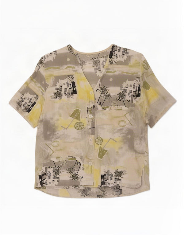 Vintage mujer gráfica manga corta camisa blusa Reino Unido 18 XL multicolor