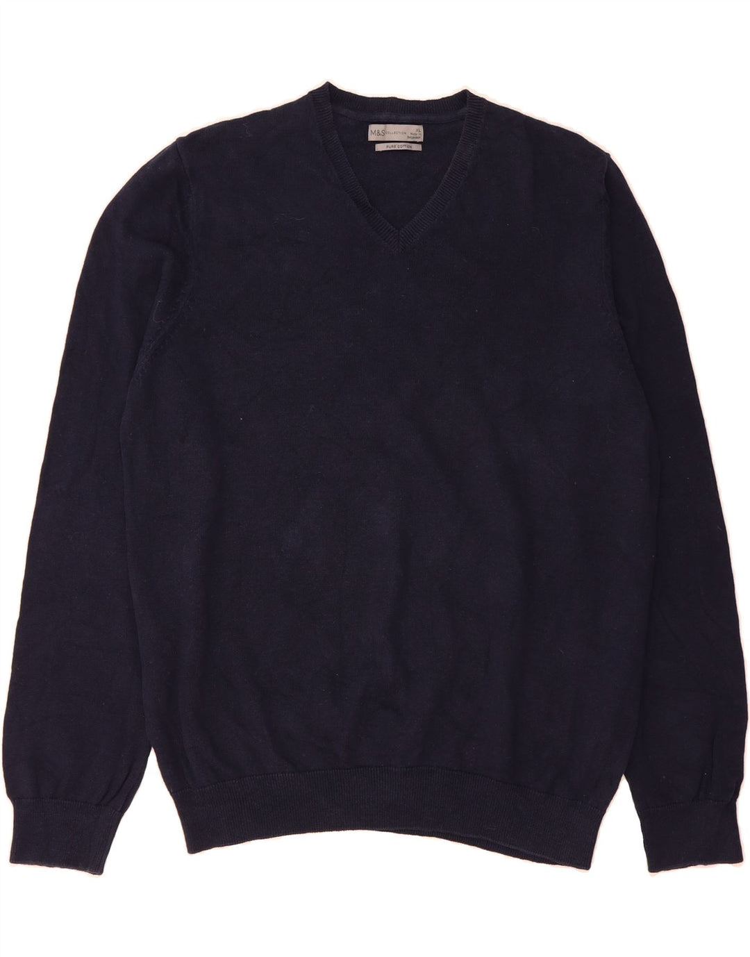 MARKS & SPENCER Mens V-Neck Jumper Sweater XL Navy Blue Cotton Vintage Marks & Spencer and Second-Hand Marks & Spencer from Messina Hembry 