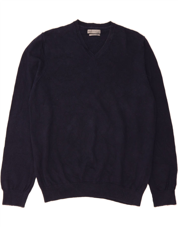 MARKS & SPENCER Mens V-Neck Jumper Sweater XL Navy Blue Cotton Vintage Marks & Spencer and Second-Hand Marks & Spencer from Messina Hembry 