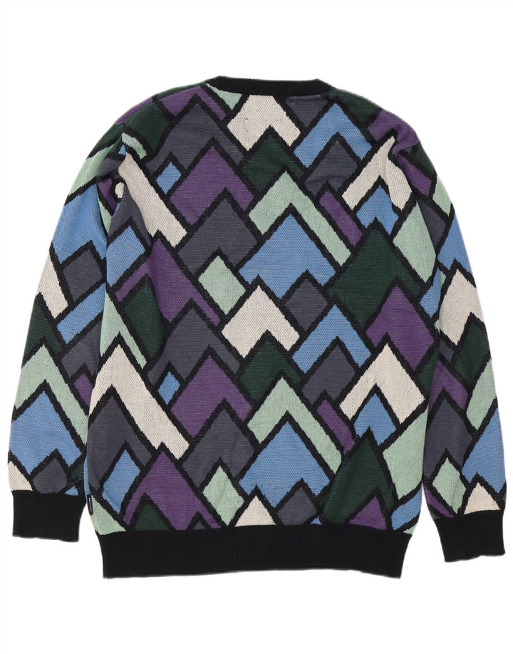 Vintage hombres cuello redondo jersey suéter medio multicolor algodón geométrico