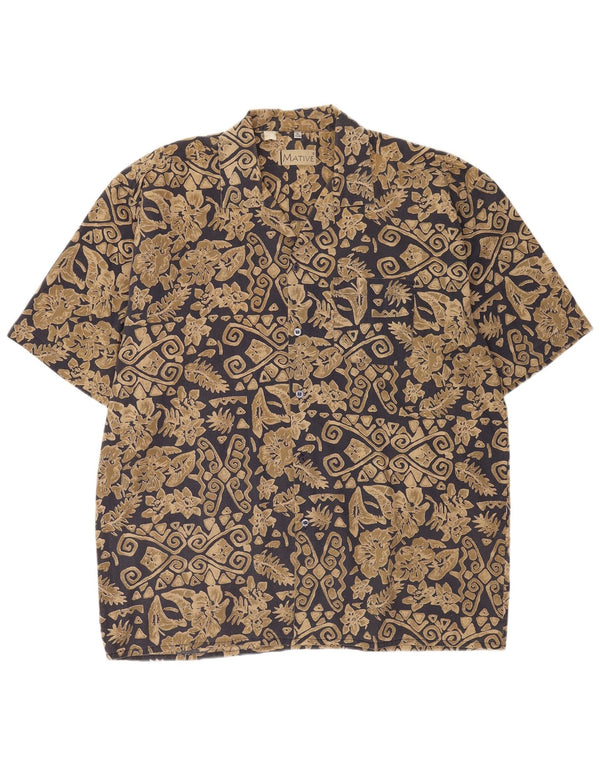 Vintage Mens Short Sleeve Shirt XL Beige Geometric Polyester