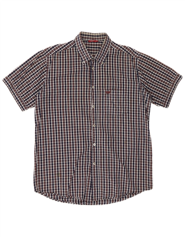 CARRERA Mens Short Sleeve Shirt Large Navy Blue Check Cotton