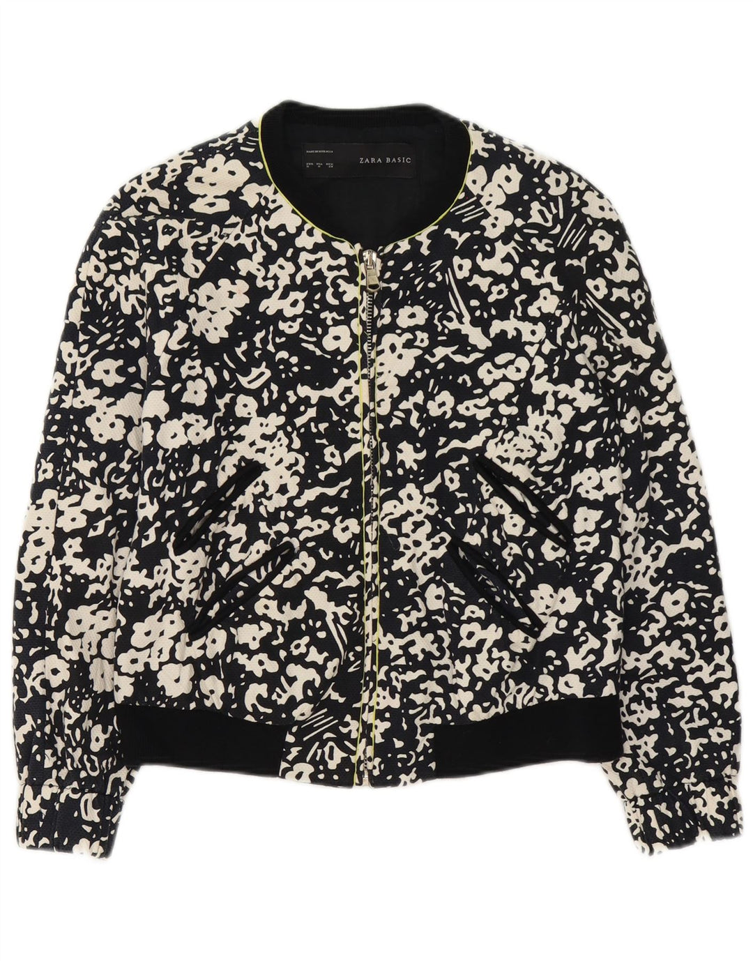 Zara Chaqueta Bomber con Cremallera Completa para Mujer UK 44 Mediana Algodón Floral Negro