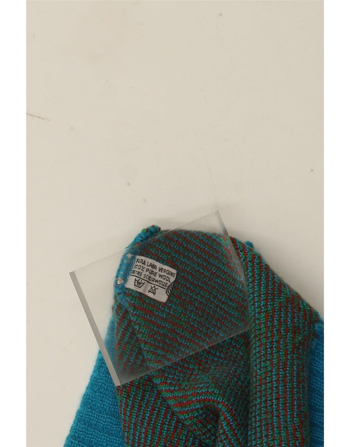 Vintage hombres V-cuello jumper suéter grande azul geométrico lana