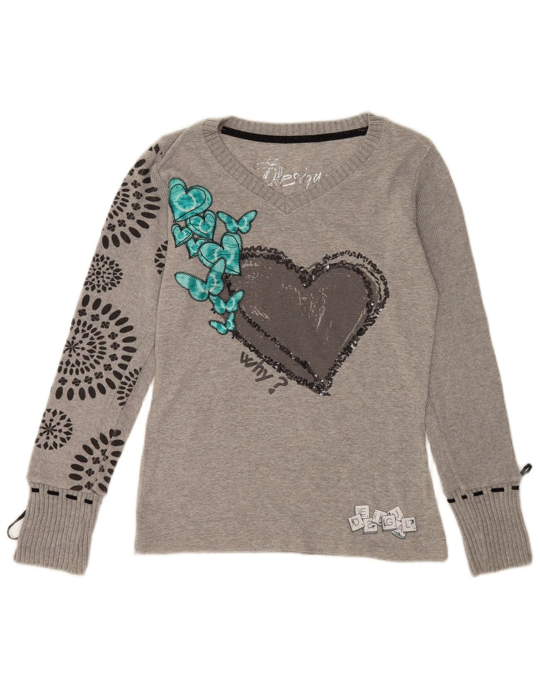 Desigual Mujer Gráfico Top Manga Larga Reino Unido 14 Medio Gris Corazón