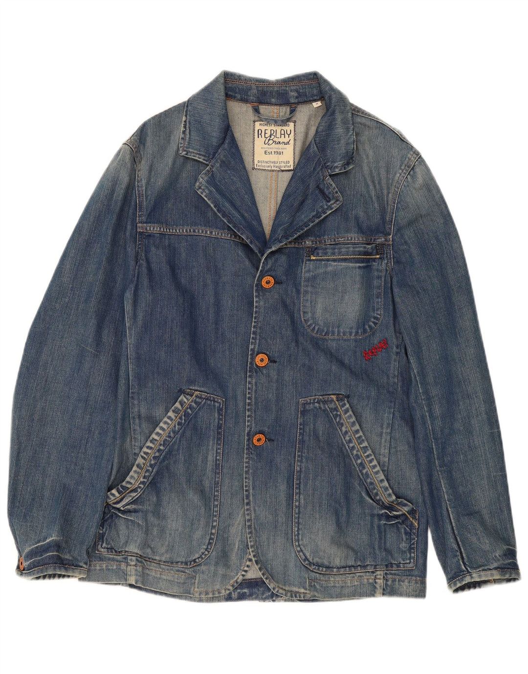 Replay Chaqueta tipo blazer vaquera con 3 botones para hombre UK 38 Algodón azul medio