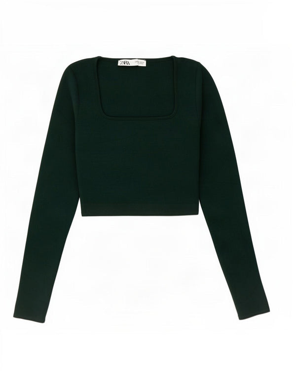 Zara Mujer Crop Top Manga Larga UK 8 Small Verde