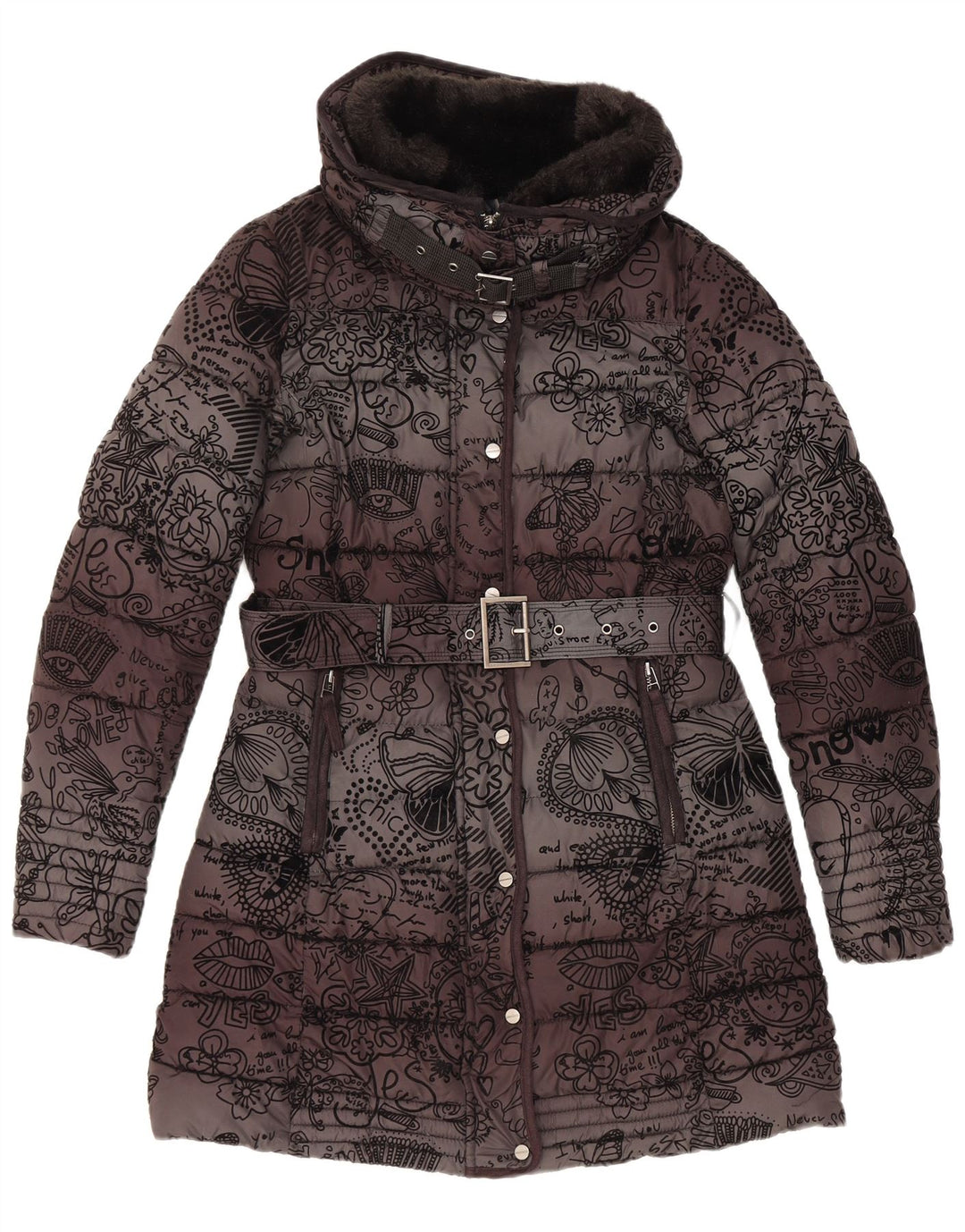 Abrigo acolchado con capucha Desigual para mujer EU 38 Poliéster floral negro mediano