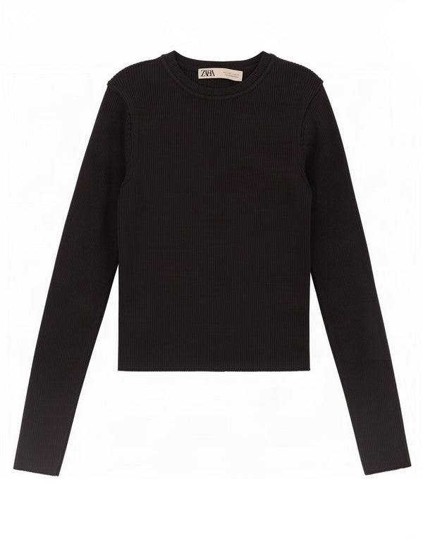 Zara Mujer Top Manga Larga UK 8 Small Viscosa Negra