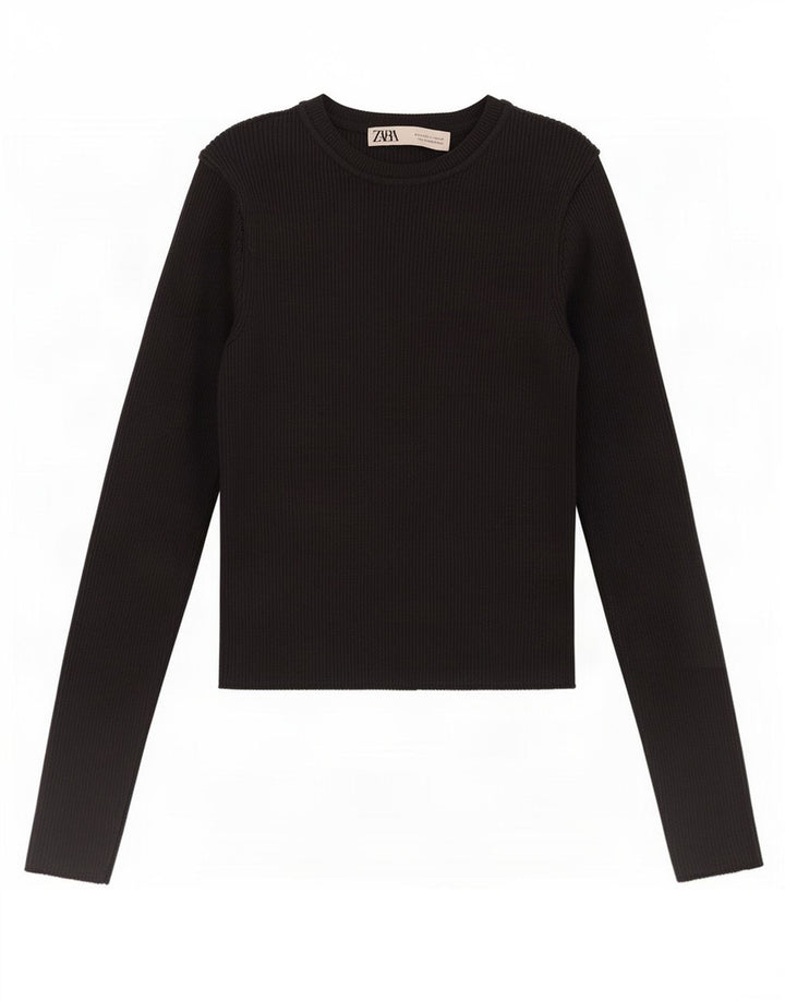 Zara Mujer Top Manga Larga UK 8 Small Viscosa Negra