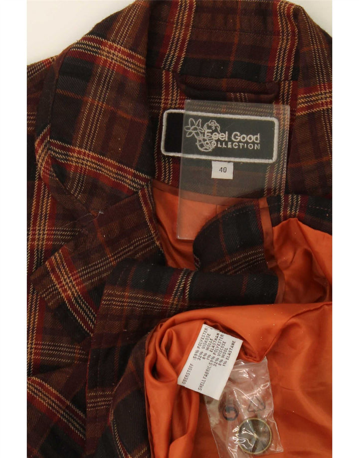 Vintage mujer 3 botones Blazer chaqueta EU 40 marrón medio comprobar poliéster