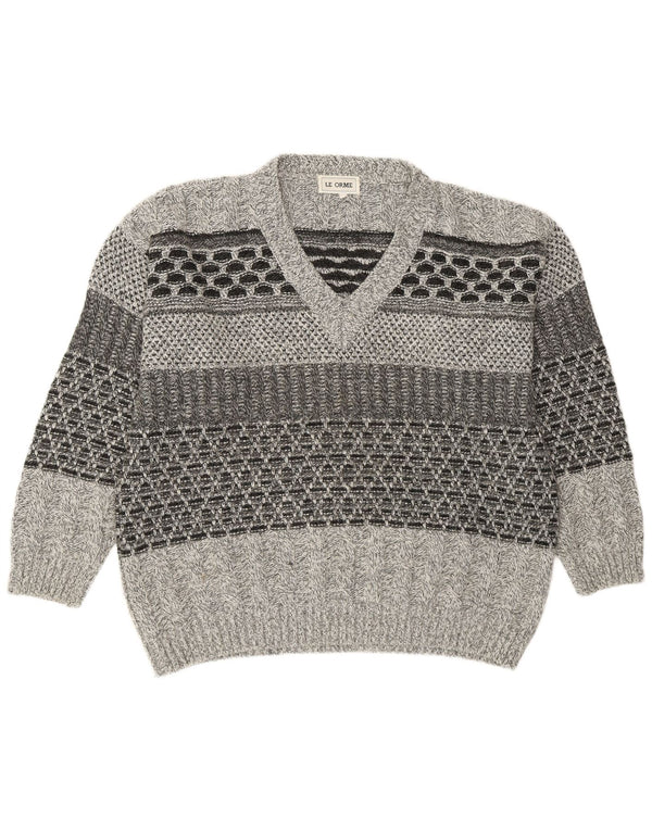 Vintage hombres V-cuello jumper suéter IT 54 XL gris geométrico acrílico