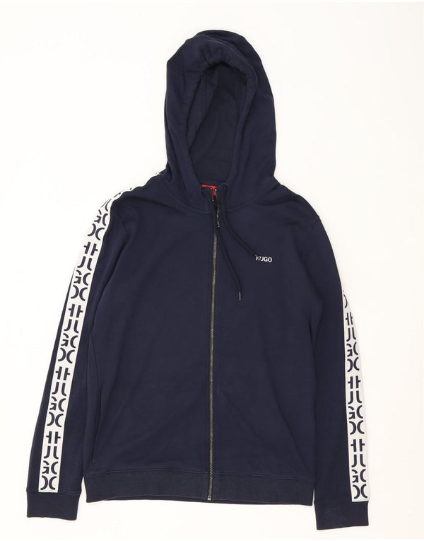 Hugo Boss Hombre: Sudadera con capucha y cremallera gráfica, talla grande, color azul marino