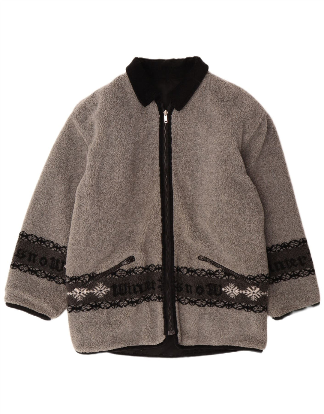 VINTAGE Chaqueta polar reversible gráfica para hombre Reino Unido 38 Gris medio Fair Isle