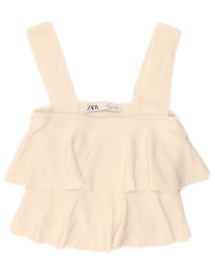 Zara Top Corto De Tirantes Con Volantes En La Parte Delantera Para Mujer UK 8 Small Off White Viscosa
