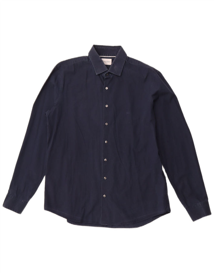 CALVIN KLEIN Camisa ajustada para hombre Talla 16 1/2 Grande Algodón azul marino