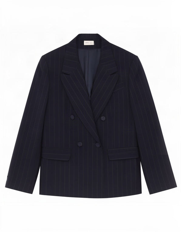 Bhs Chaqueta tipo blazer con doble botonadura para mujer UK 40 Large Azul marino a rayas
