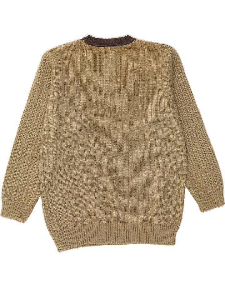 VINTAGE Mens V-Neck Jumper Sweater Medium Beige Colourblock Acrylic Vintage Vintage and Second-Hand Vintage from Messina Hembry 