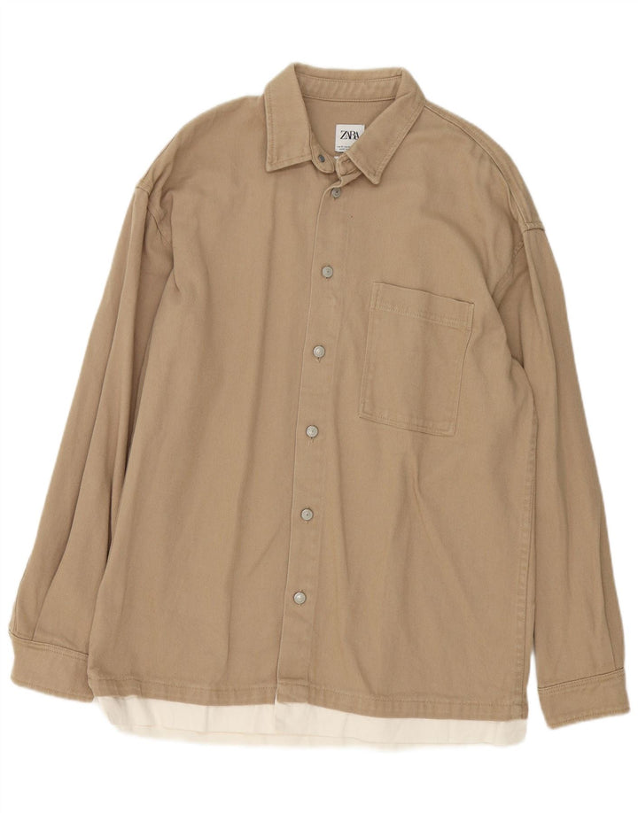 Zara Hombre Camisa Relaxed Fit Algodón Color Block Beige Medio