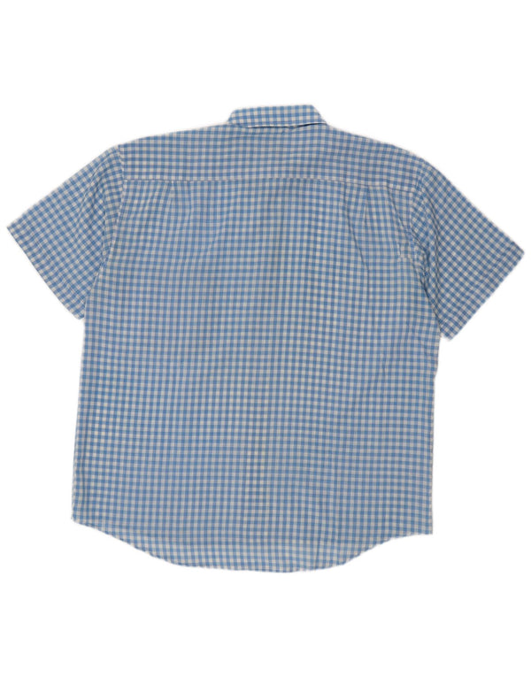 Vintage hombres camisa de manga corta grande azul gingham poliéster