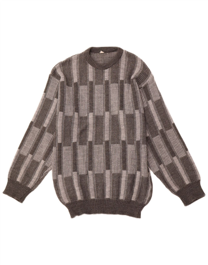 VINTAGE Hombres Crew Neck Jumper Suéter IT 52 Acrílico Geométrico Gris Grande