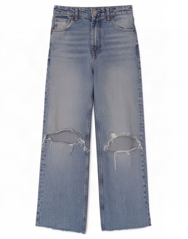 Zara Vaqueros desgastados de pierna ancha y talle alto para mujer EU 34 2XS W24 L28 Azul