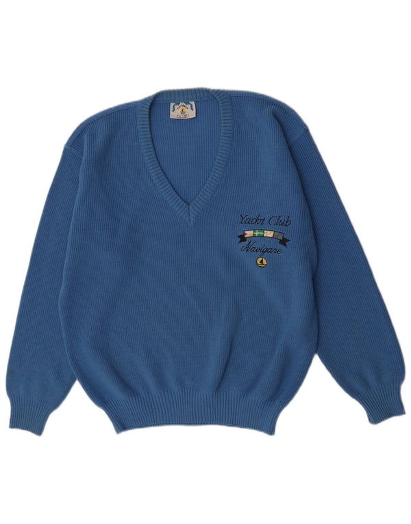 Navigare Jersey De Lana Azul Grande con Cuello En V Y Gráfico Yachting para Hombre