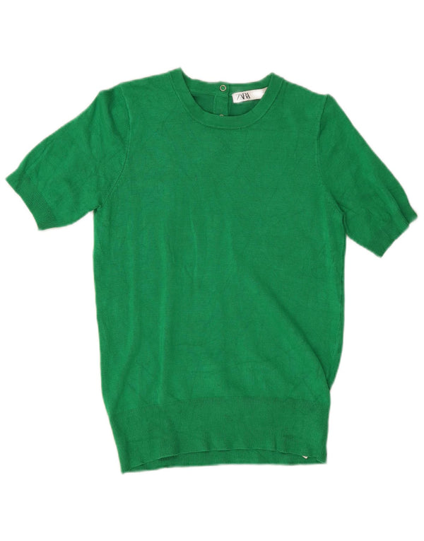 Zara Jersey de manga corta con cuello barco para mujer, talla 40, viscosa verde pequeña