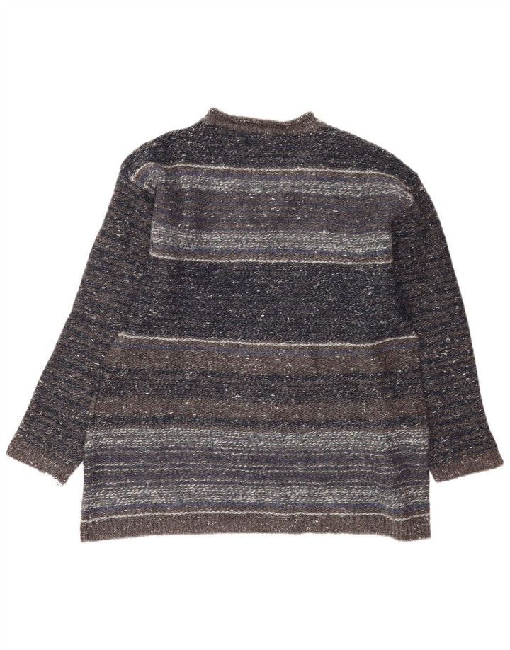Vintage hombres V-cuello jumper suéter medio gris rayas