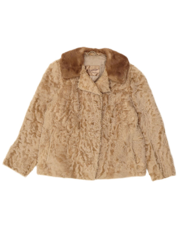 Vintage mujer chaqueta de piel sintética Reino Unido 10 pequeño beige
