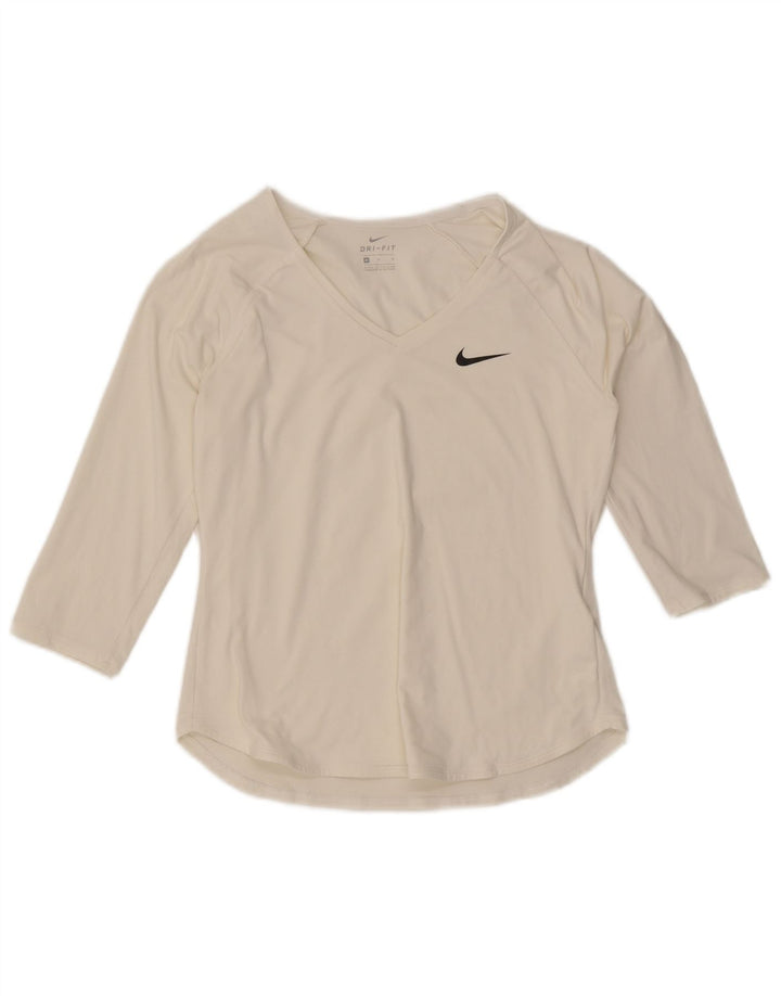Nike Mujer Dri Fit Top Manga 3/4 UK 12 Medio Blanco Poliéster