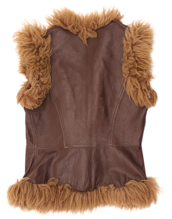 Chaleco de cuero Sherpa vintage para mujer IT 46 Bloque de color marrón grande