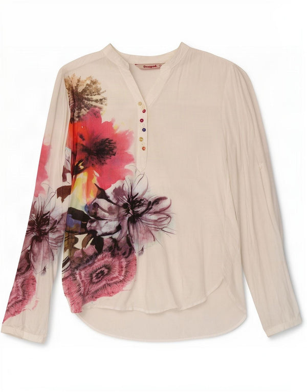 Desigual Mujer Jersey Camisa Reino Unido 10 Pequeño Blanco Floral Viscosa